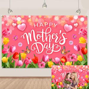 2 x Pink Happy Mothers Day Banner Backdrop 5.93.6Ft Romantic Tulip Mothers Day Backdrop Banner for Photography Pink Heart Flowers Mother's Day Decorations 7143inchPolyester