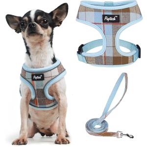 PUPTECK Soft Mesh Dog Harness and Leash Set Pet Puppy Cat Comfort Padded Vest No Pull Harnesses, Blue&Brown, XS