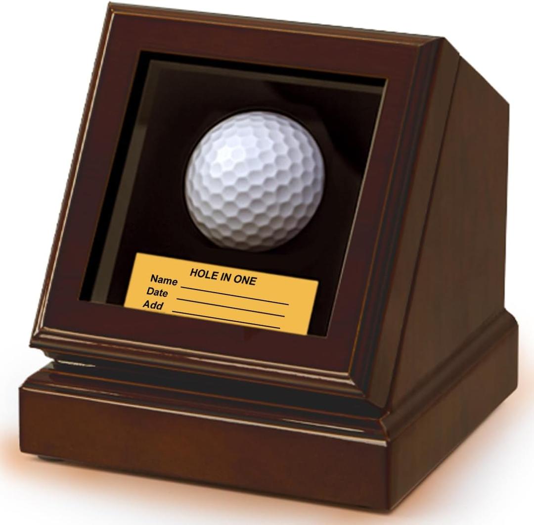 Hole in one Golf Ball Display case,writable Gold nameplate,Crafted with Premium Wood Composite and Thick Glass (Brown)
