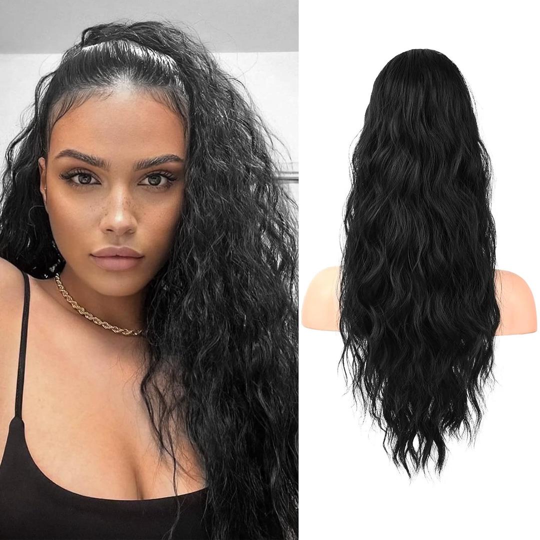 Flufymooz Ponytail Extension, 22 Inch Drawstring Ponytail Hair Extensions for Women Long Curly Wavy Pony Tail Natural Wavy Synthetic Hairpiece for Women Daily Use party (22 Inch Natural Black)