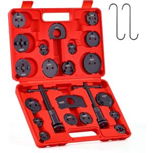 Orion Motor Tech Brake Caliper Wind Back Tool Kit, 24pc Brake Caliper Compression Tool Set with Thrust Bolt Assemblies Retaining Plates Caliper Hangers 18 Disc Adapters, Brake Caliper Tool, Red Case