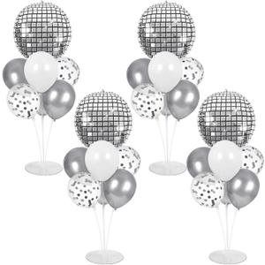 4 Sets Prom Silver Disco Ball Party Balloons Stand Kit with 4 Metallic Ball Foil Balloons Disco Themed Balloon 70s 80s 90s Dance Party Balloon Centerpiece for Tables Birthday Baby Shower Decorations