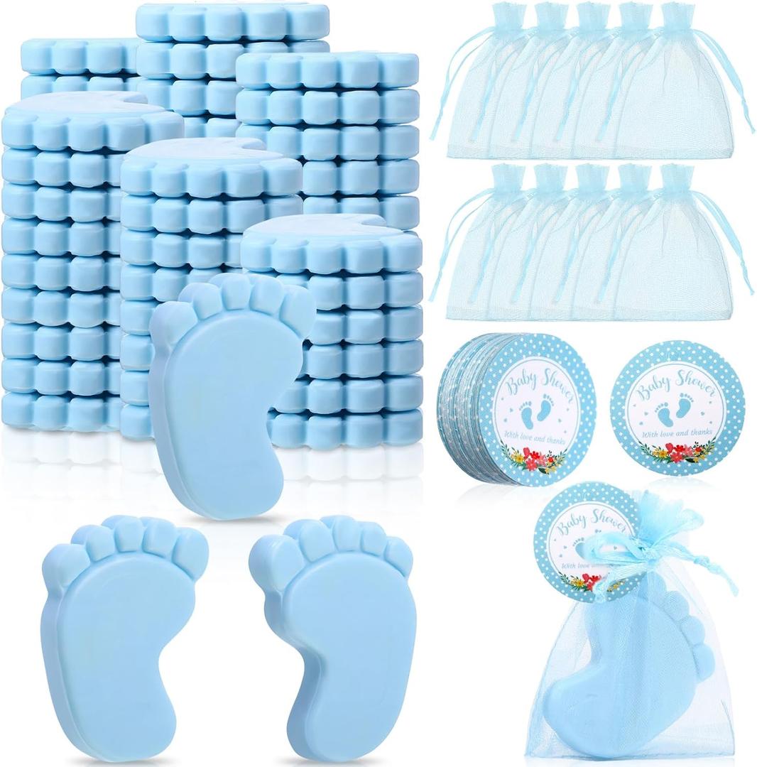 Dimsile 50 Sets Baby Shower Favors Handmade Feet Scented Soap Party Favors for Guests Gifts with Organza Bags and Thanks Tags for Gender Reveal Baptism Shower Wedding Party(Blue)