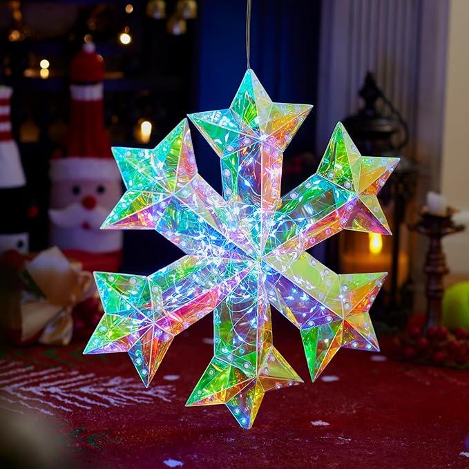 JOIEDOMI Lighted Prismatic Iridescent Christmas Decorations with LED Lights, USB Powered Indoor Christmas Decoration, 15 inch Iridescent Xmas Decor for Party Holiday Desktop, Multicolor Reindeer