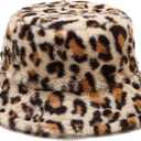 Winter Fluffy Fuzzy Bucket Hat Plush Furry Faux Fur Fisherman Hats Warm Hat for Women (One Size, Leopard Print Beige)