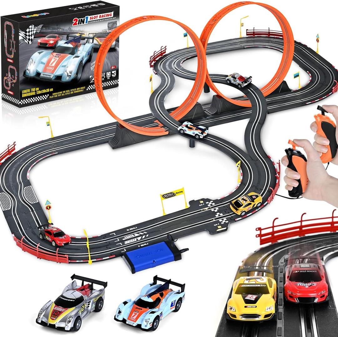 Boy Toys Gifts for 6 7 8-12 Years Old, Slot Car Race Track Sets with 4 Slot Cars, Battery or Electric Car Track for Boys, Dual Racing Game Lap Counter Circular Overpass Track Gifts for Kids