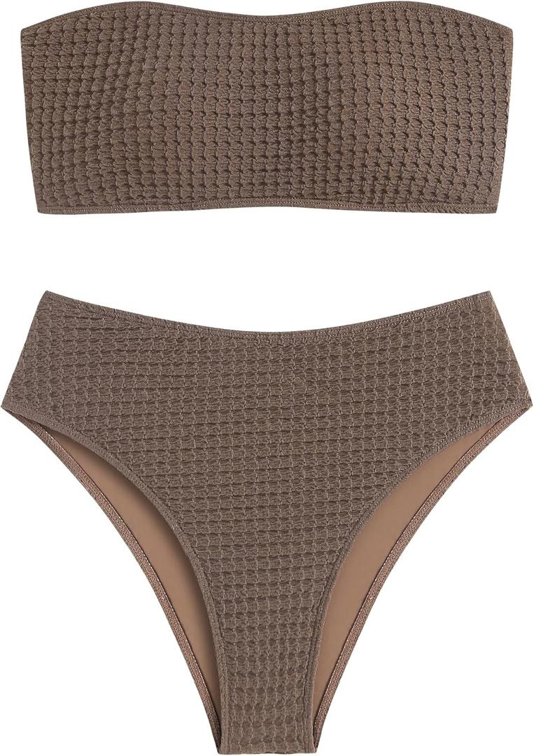 ZAFUL Women's High Cut Bandeau Bikini Set Strapless Solid Color 2 Pieces Bathing Suit Swimsuit (Large, 7-brown)