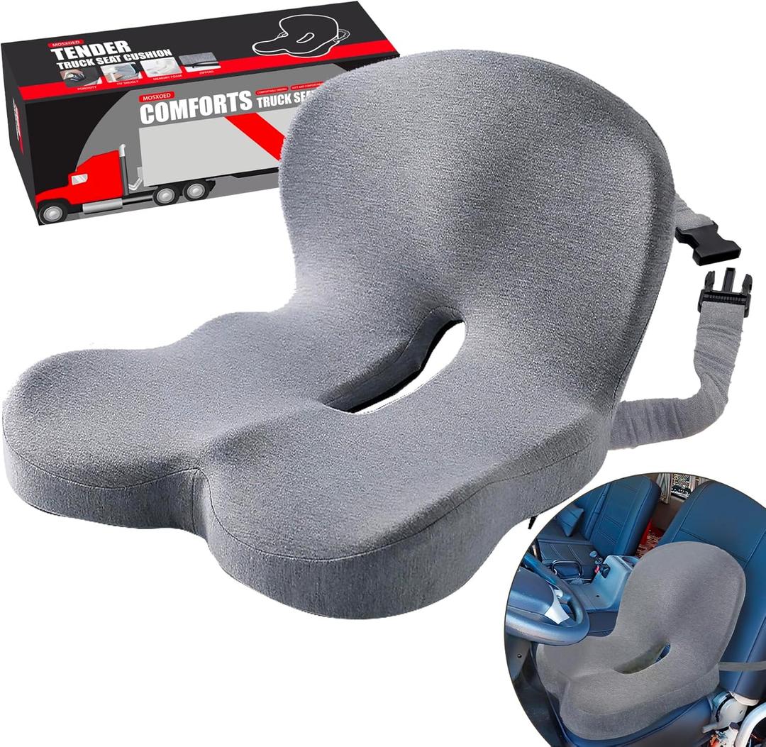 Seat Cushion for Truck Driver, Memory Foam Truck Seat Cushion with Adjustable Strap  Ergonomic Back Support & Sciatica Relief for Long Drives, Semi Truck Accessories, Light Gray