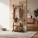 Coat Rack Freestanding Solid Wood Clothes Rack with Wheels
Space Saving,Stable 5 Hooks 2 Shelves Coat Tree,Silent 360 Degree Wheels,Heavy Duty 150 lb Capacity for Entryway Bedroom