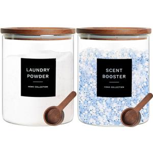 Glass Laundry Storage Containers with Acacia Lids and Scoops, 2 Pack Laundry Room Organization Jars with Labels, Powder Detergent Organizer and Laundry Pod Holder, Glass Laundry Beads Canisters Set