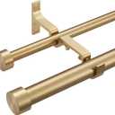 Double Curtain Rods for Windows, 1''Front and 5/8''Back Double Drapery Rods with Premium Aluminum Brackets and End Cap Finials, Adjustable Double Window Curtain Rod (Warm Gold, 36-72")