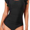 Smismivo High Neck Swimsuit for Women Full Coverage One Piece Bathing Suit Ruffle Sleeve Modest Swimwear