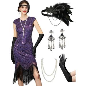 YESSA 1920s Flapper Dresses for Women Great Gatsby Dress Roaring 20s Costumes Sequin Harlem Nights Dress with 20s Accessories (Purple, S)