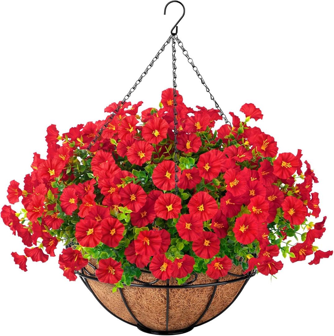 Ouddy Decor Artificial Hanging Plants Flowers Basket for Spring Summer Outdoor Decor, Fake Hanging Flowers Faux Silk Morning Glory UV Resistant for Patio Yard Porch Garden Home Decorations, Red