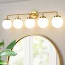 Bathroom Light Fixtures Gold Vanity Lights Over Mirror, Modern Wall Sconce Lighting 5-Light with White Glass Globe Shade
