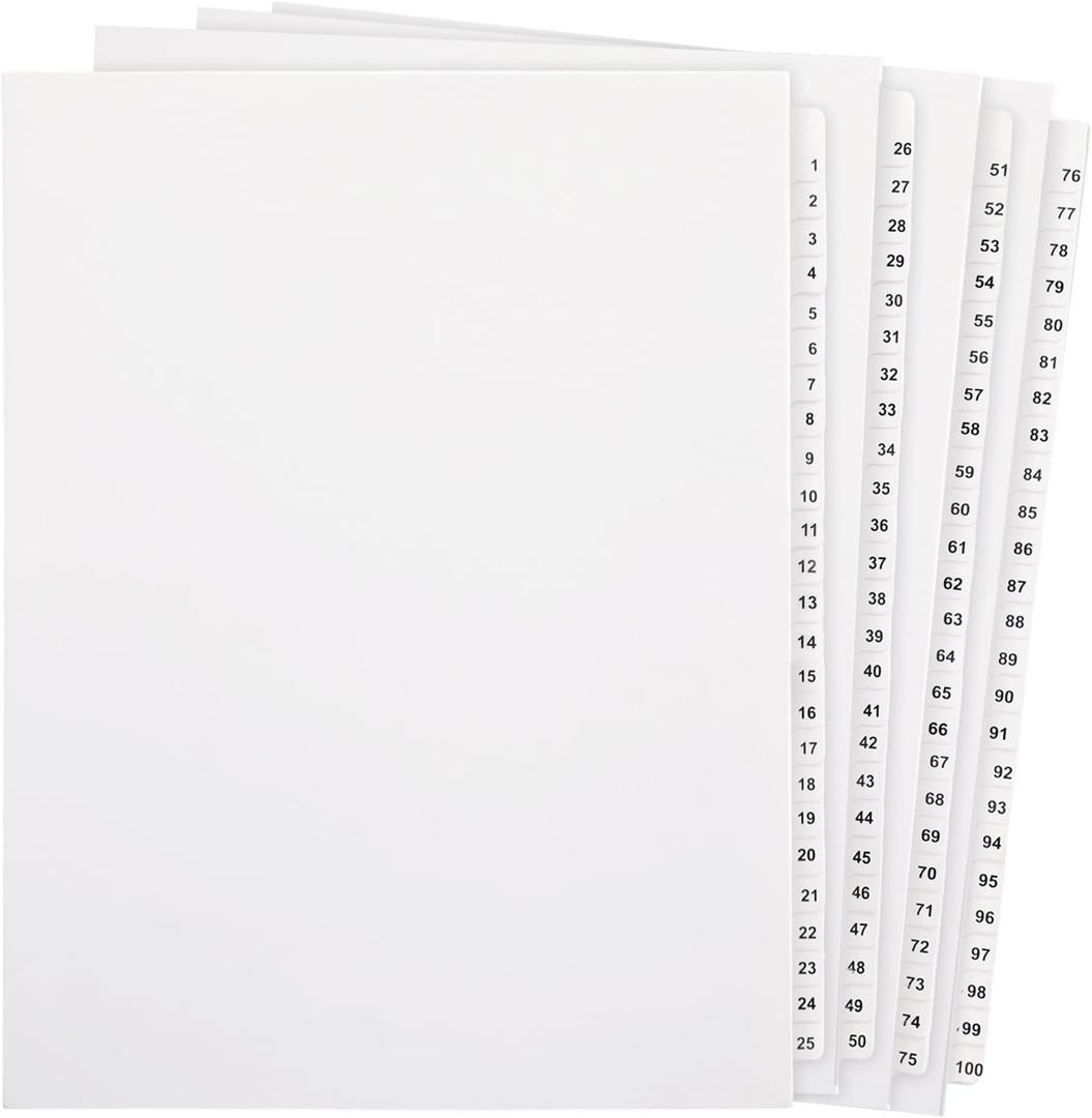 Yeaqee 1 Set 1-100 Numbered Tab Dividers Un-Punched Letter Size 8.5 x 11 Inch Paper Page White Binder Index Dividers for Office Documents Files