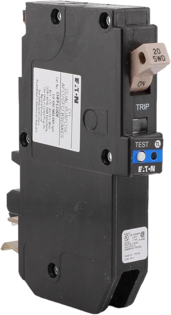 CUTLER-HAMMER CHFP120DF 20 Amp Single Pole Dual Function AFCI/GFCI Circuit Breaker, Plug-On Neutral, 120/240V, 10kAIC, UL Listed (1) CUTLER-HAMMER CHFP120DF 20 Amp Single Pole Dual Function AFCI/GFCI Circuit Breaker, Plug-On Neutral, 120/240V, 10kAIC, UL Listed (1)