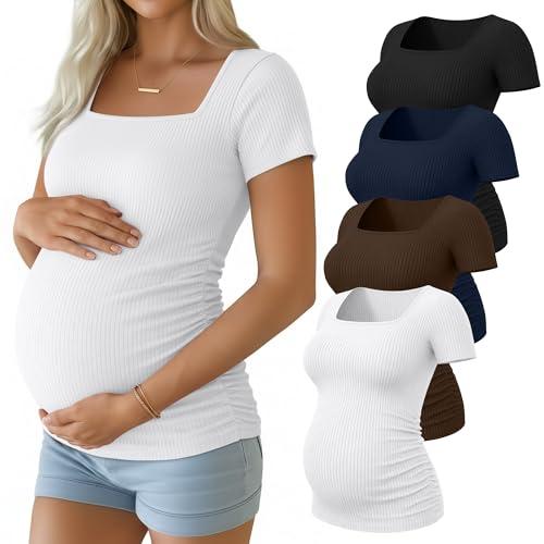 Huukeay 4 Pack Women's Maternity Shirts Cotton Ribbed Short Sleeve Square Neck Pregnancy Tops Side Ruched Summer Tee(Black, Navy Blue, Brown, White,Medium)