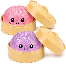 Binkahui 2 PCS Mystery Sparkly Pink & Purple Dumpling Squishies with Steamer Box, Soft Stretchy Bao Bun Stress Relief Balls, Sensory Fidget Squeeze Toys for Anxiety Relief, Decompression Desk Toys
