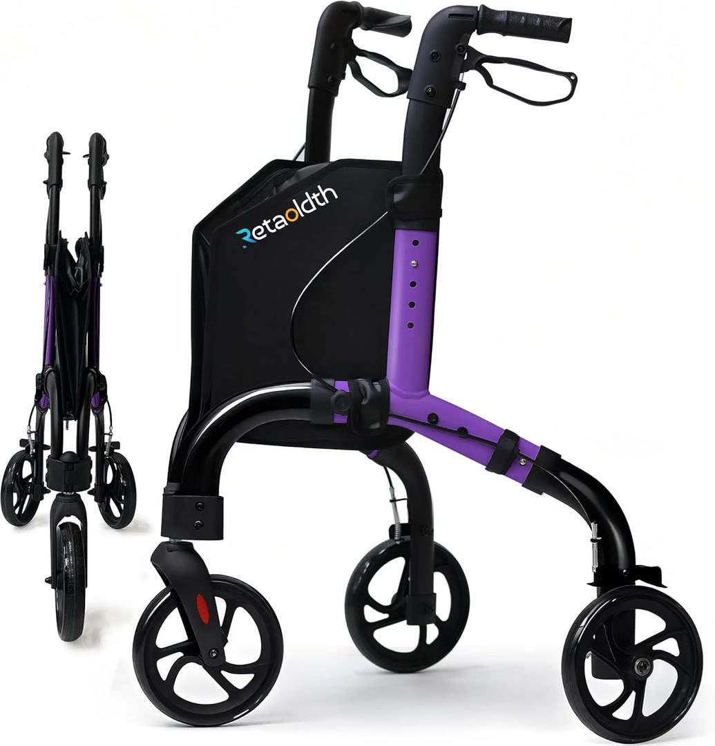 Lightweight 3 Wheel Rollator Walker for Seniors, Foldable Aluminum Mobility Aid with Storage Bag, Easy-Fold Walking Support for Elderly Balance & Rehabilitation (Purple)