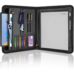 Leather Padfolio Portfolio Binder Organizer, with 25 Pages Notepad & 13" Tablet Sleeve, Professional Conference Meeting Business Zipper Folder for Letter Size A4 Legal Writing Pad Document Men Women (Black)