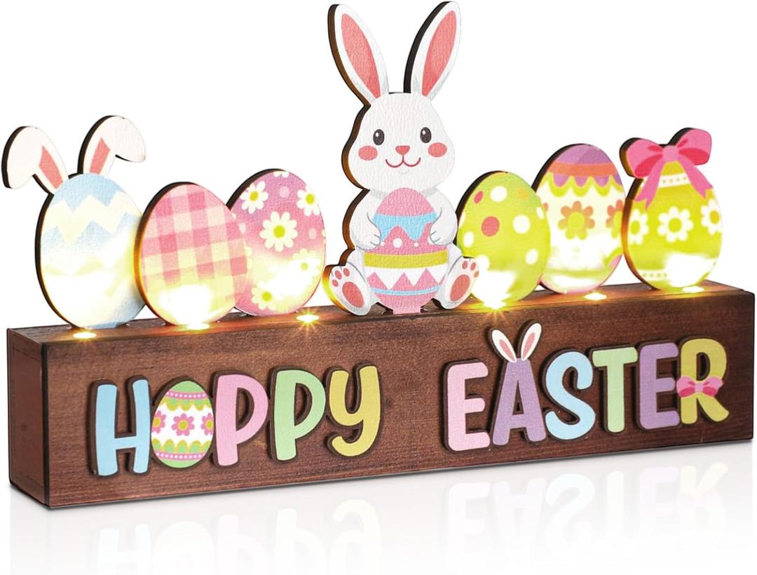 Gerrii Happy Easter Table Decoration Lighted Bunny Sign with Lights Wooden Bunny Easter Table Centerpiece for Home Indoor Lighting Room Office Party Tiered Tray Decorations He is Risen Supplies Rabbit