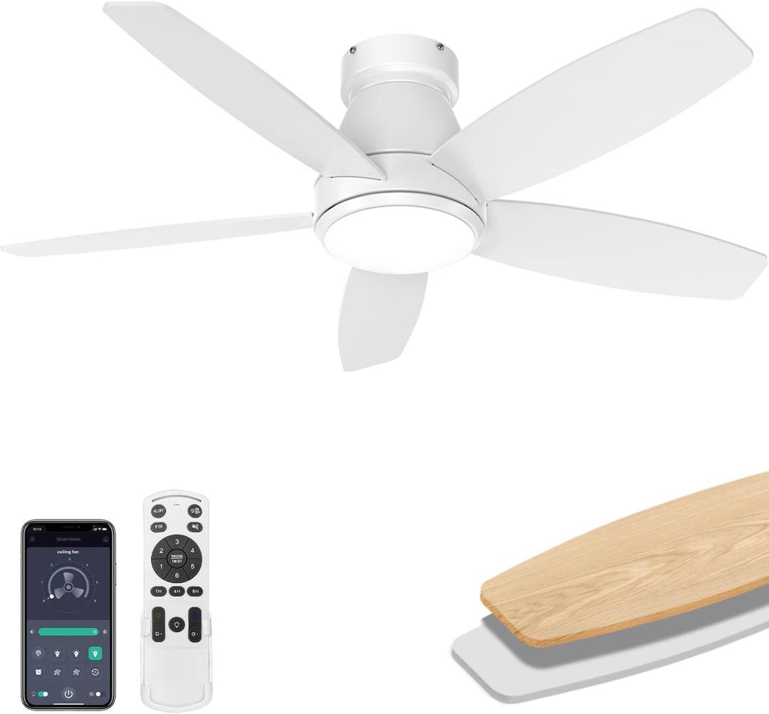 42 Inch Ceiling Fans with Lights, Quiet Reversible Fan with Remote & APP Control, 6-Speed, 3 Color Temperatures Dimmable LED, DC Motor, Low Profile Ceiling Fan for Bedroom Living RoomWhite