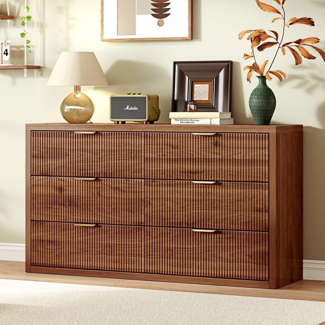 Ieejdn 55.12" Modern Chest of Drawer, 6 Deep Drawers,Clothes Organizer,Large Storage Cabinet for Living Room, Bedroom,Dresser TV Stand, Wood Drawer Organizer for Living Room, Hallway, Walnut