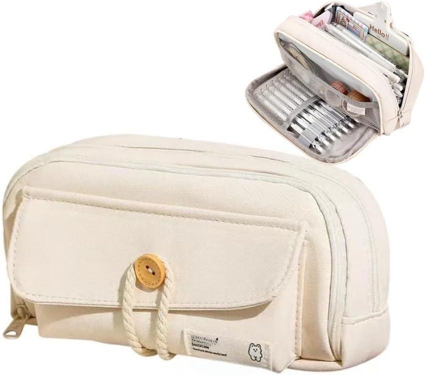 UIVXXUD Simple Style Cotton Rope Pencil Holder  Large Capacity Multilayered Pencil Case Organizer, Aesthetic Minimalist Fabric Pen Pouch with Zipper, Durable EcoFriendly Pen Pouch Bag (Beige)