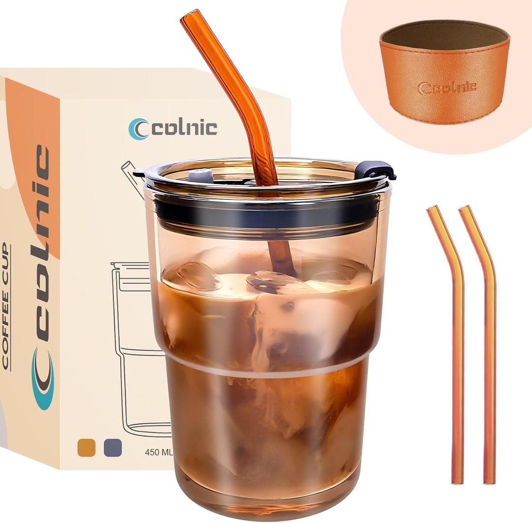 Iced Coffee Cup, 15 oz Glass Cups With Lids And Straws, Iced Coffee Glasses Tumbler, Thick Wall Mug For Tea Water With 2 Straw And Leather Sleeve, Glass Tumbler Gifts (Amber)