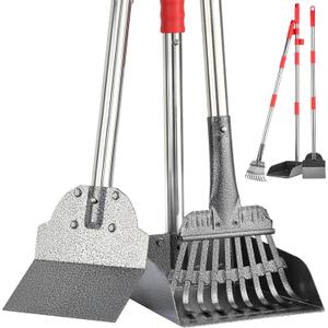 FUSBUNTY Pooper Scooper, Long Handle Dog Pooper Scooper, Heavy Duty Stainless Steel Rake with Tray & Spade Set for Pet Waste Removal, for Grass, Dirt or Gravel