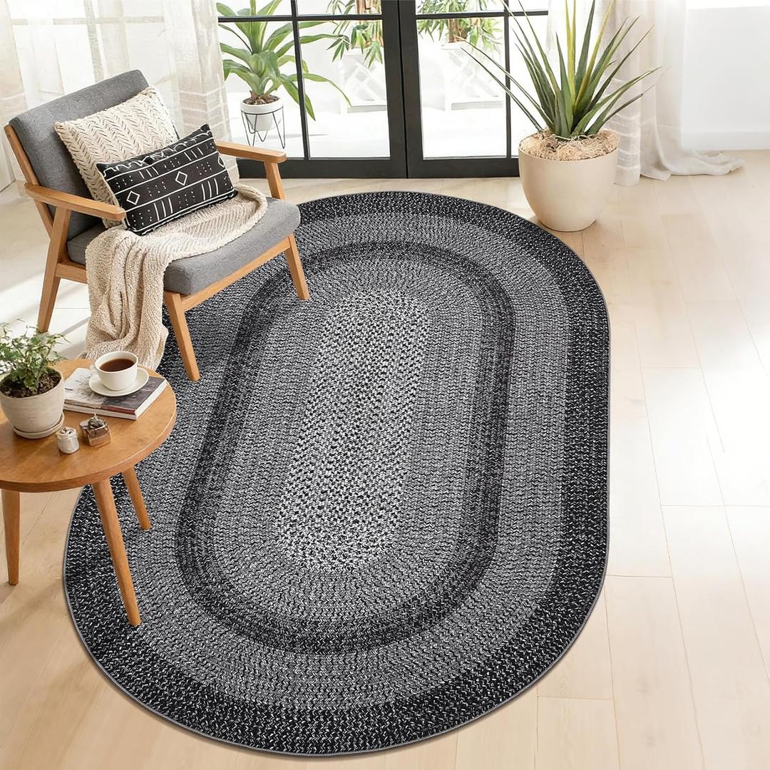 5x8 Oval Living Room Area Rug Washable Modern Border Bedroom Bedside Area Rugs Non Slip Low Pile Dining Room Oval Throw Carpet Contemporary Rugs for Living Room Kitchen Nursery, Black