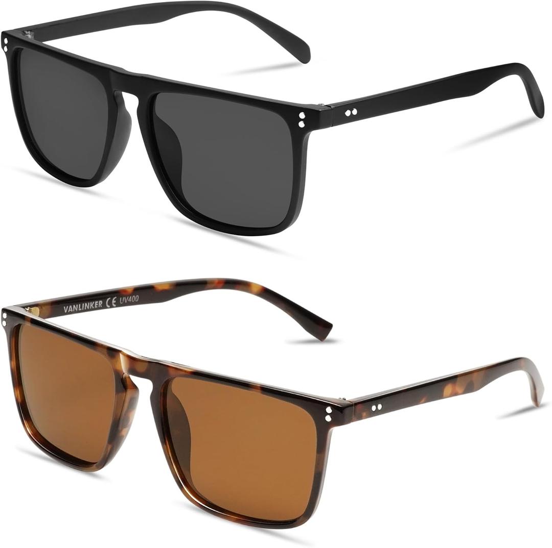 VANLINKER Polarized Square Sunglasses for Men Women Dark Shades with UV Protection for Driving VL9748 (2 Pack Matte Black+tortoise Frame/Brown Lens a)