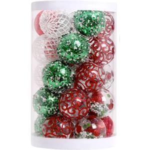 SYALEO 25pcs Christmas PET Ball Ornaments Set 60mm/2.36'' Clear Plastic Xmas Balls Bulbs 5 Style Shatterproof Painted Christmas Baubles Holiday Party (Red Green)
