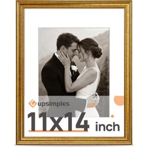 upsimples Vintage 11x14 Picture Frame, Antique Gold Frame Displays 8x10 with Mat or 11 x 14 Without for Vertical or Horizontal Wall Decor, 1pack