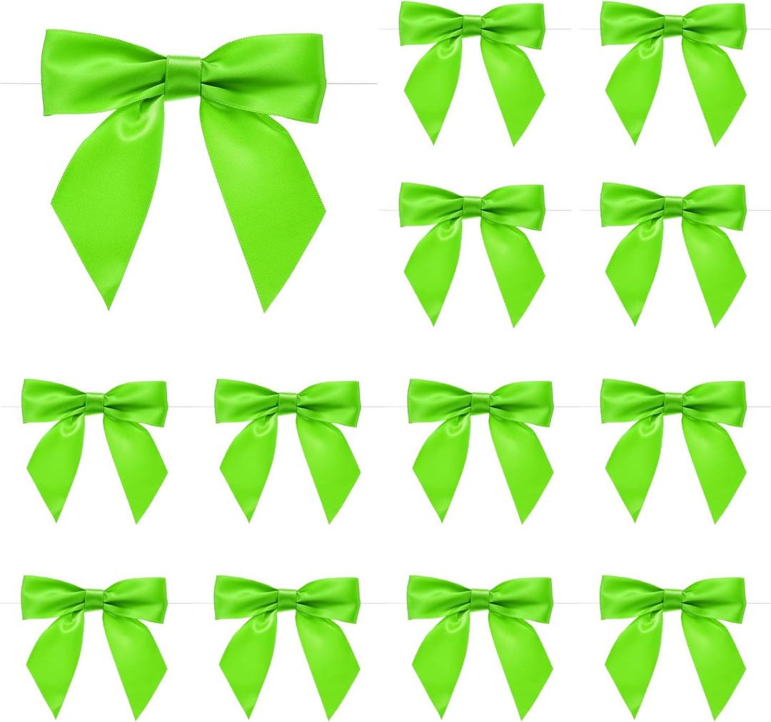 MECCANIXITY 50 Pcs Pre-Tied Bows Satin Ribbon Bows 4.5" Twist Ties Gift Bows for Craft DIY Candy Bags Christmas Wedding Decor Party Treat Bags Bright Green