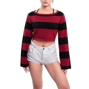 Striped Gothic Cropped Sweater Women Boat Neck Drop Shoulder Pullover Long Sleeve Knitted Crop Top Y2K Streetwear Tops Black XL