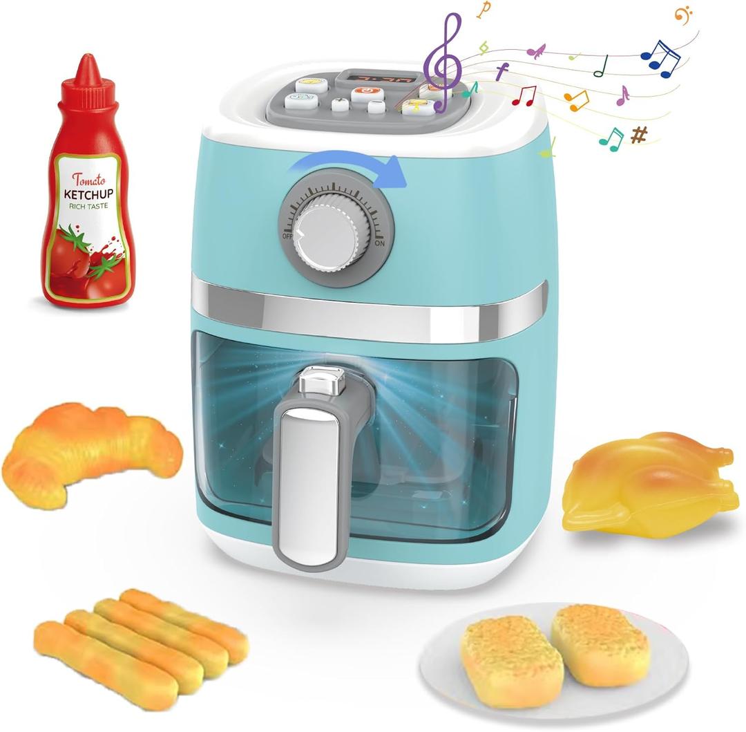 Toy Air Fryer for Kids Kitchen Playset, Chef Pretend Play kitchen Accessories with Color Changing Play Food, Cooking Game with Fries, Kids Toys with Sound & Light, Camp Kitchen Set for Toddler 3-5 5-7 (Blue)