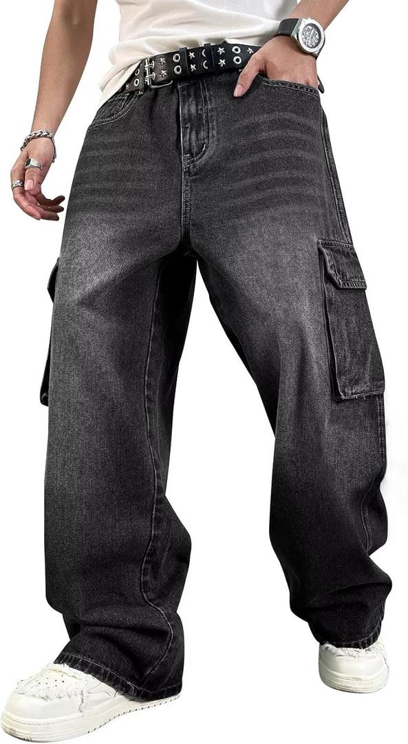 HUNGSON Mens Baggy Cargo Jeans for Men Women Y2k Skater Vintage Plain Pants Casual Wide Leg Jeans Loose Fit Denim Jeans Black Grey (Black, L)