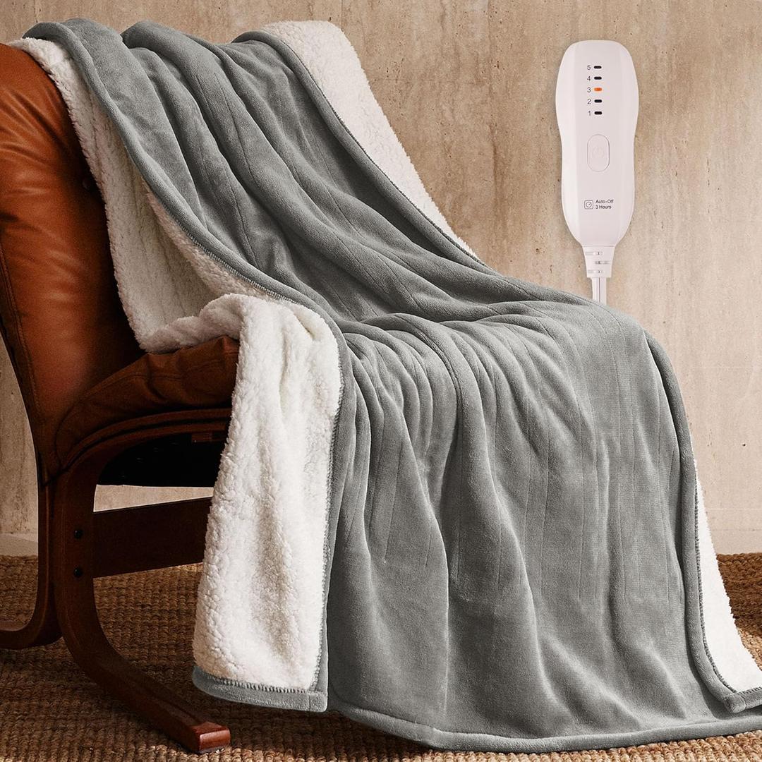 JET'S HOME Heated Blanket 50"x60" - ETL&FCC Certified Flannel Electric Blanket Machine Washable Heating Throw with 5 Heating Levels 3 Hours Auto-Off Overheating Protection (Grey)