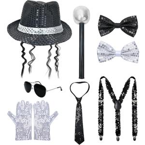 2 x Pop Star Costume Accessory Set, Sequin Fedora Hat with Curly Wig, Suspenders, Tie, Bow Ties, Gloves, Sunglasses, Microphone