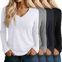 Huukeay 4 Pack Women's V Neck Long Sleeve T Shirts Basic Tops Casual Fall Loose Fit Blouse Tee Clothes Fashionable Outfits (XX-Large, Black, Dark Gray, Light Gray, White)