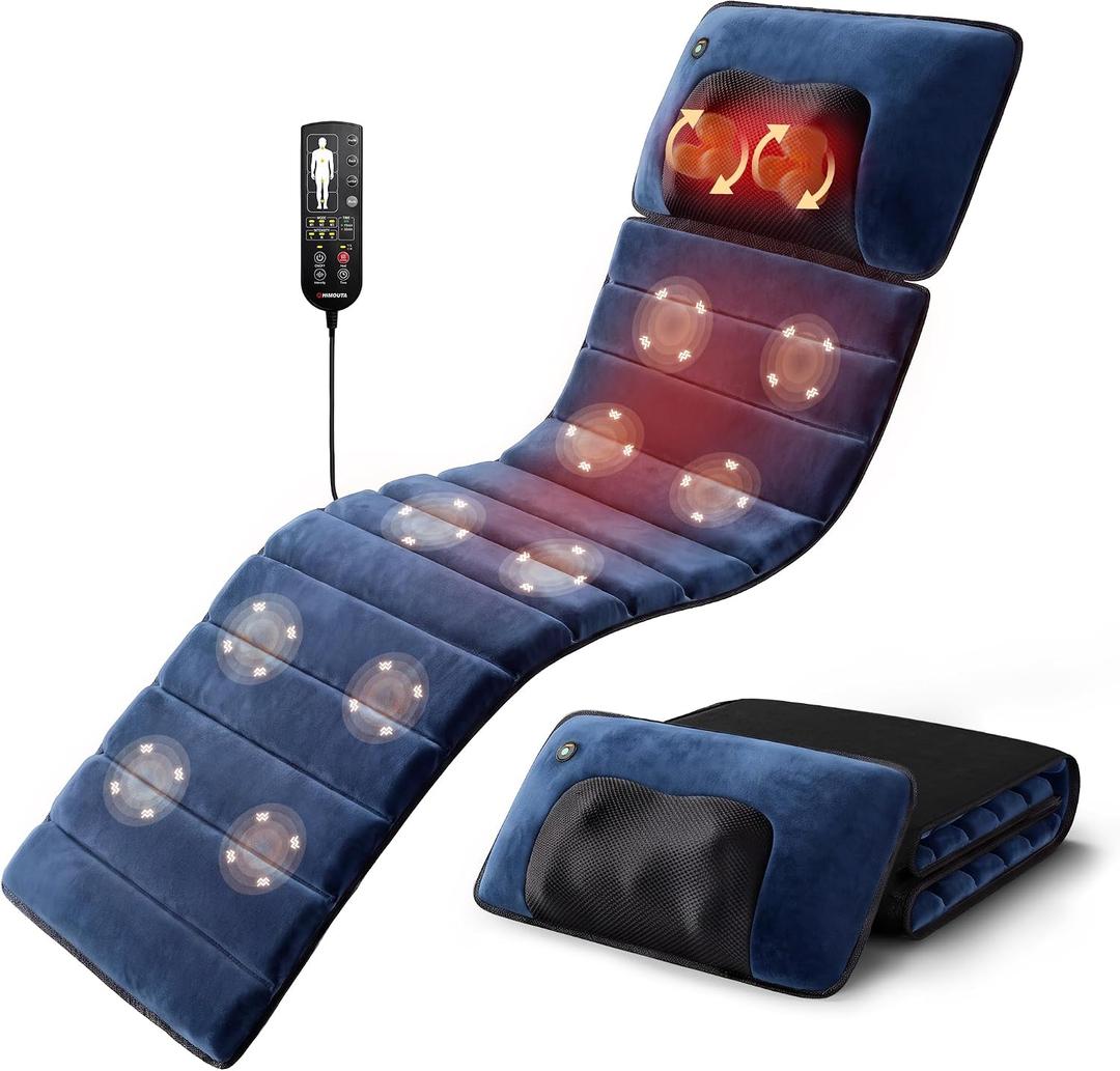 Full Body Massage Mat with Heat, Detachable 3D Neck Massager, Navy Blue Premium Plush Foldable Heated Pad for Back and Thighs, Stress Relief Home Office