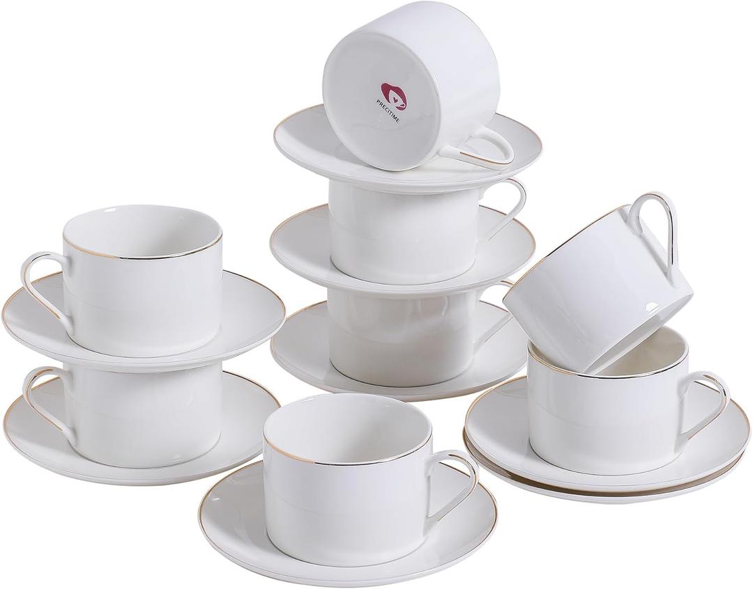Classic White Porcelain 6.6oz Tea Cup and Saucer Set - 8 pieces cups and Saucers Set with gold trim, Elegant and Versatile for Daily Use, Gift