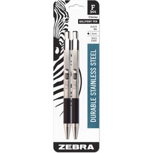 Zebra Pen F-301 Retractable Ballpoint Pen, Stainless Steel Barrel, Bold Point, 1.6mm, Black Ink, 2-Pack