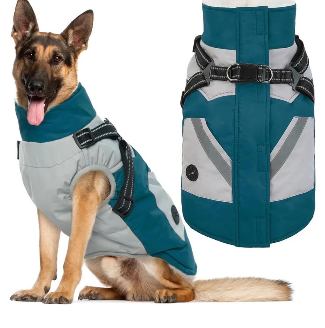 IECOii Dog Winter Coat with Harness Built in, Waterproof Windproof Dog Coats for Large Dogs, Thermal Fleece Cold Weather Jackets with Zip, Outdoor Warm Snow Jacket Reflective, Turquoise Green, XL