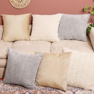 Preboun 6 Pcs 18x18 in Neutral Decorative Throw Pillow Covers Velvet Pillow Cases Boho Neutral Home Decor Soft Plush Striped Corduroy Square Cushion Cover for Couch Bed Sofa Rustic Farmhouse (Cream, Khaki, Gray)