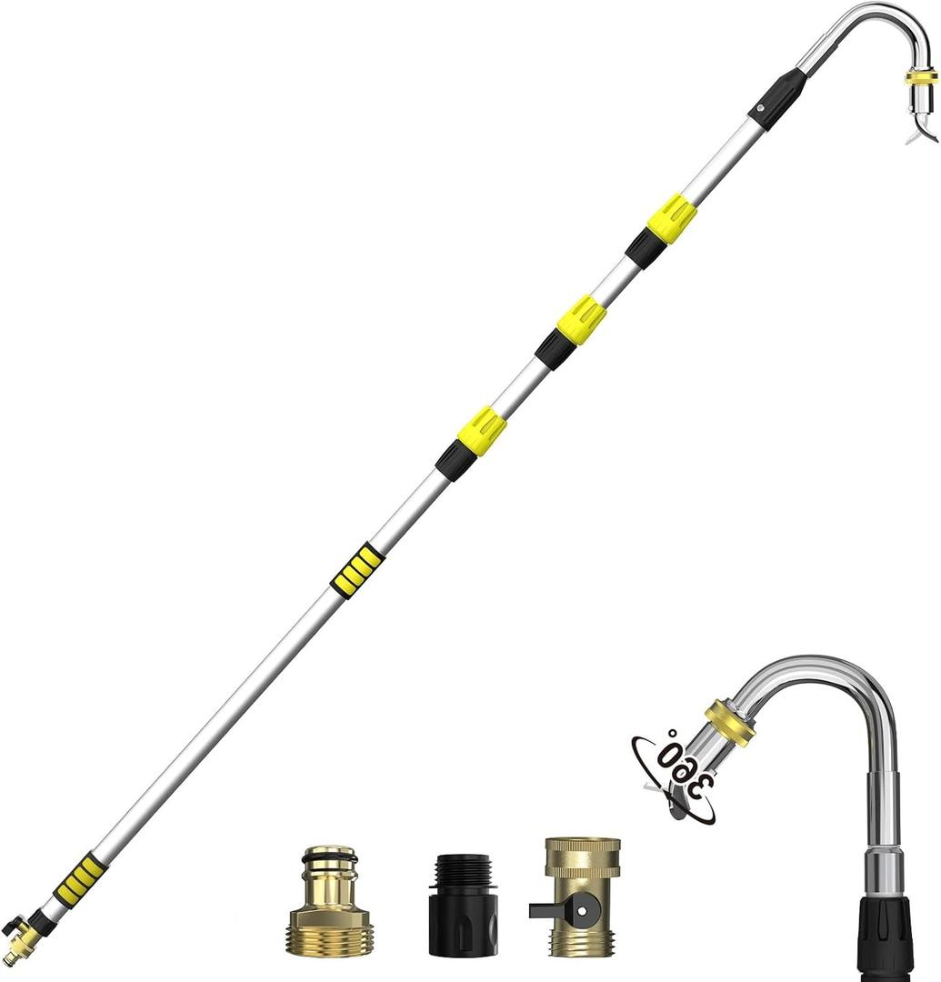 Buyplus 16FT(24FT Reach) Telescopic Gutter Cleaning Tools from The Ground, Rain Gutter Cleaners Tool with 360°Rotatable Metal Nozzle, Extension Pole, Hose Attachment, Watering Wand for Garden Hose
