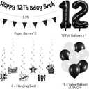 Holkcog 12th Birthday Party Decorations, Happy 12th Bday Bruh Banner Bankground, Black Number 12 Foil Ballons & Cupcake Topper, Hanging Swirls, Black Happy 12 Years Old Party Supplies