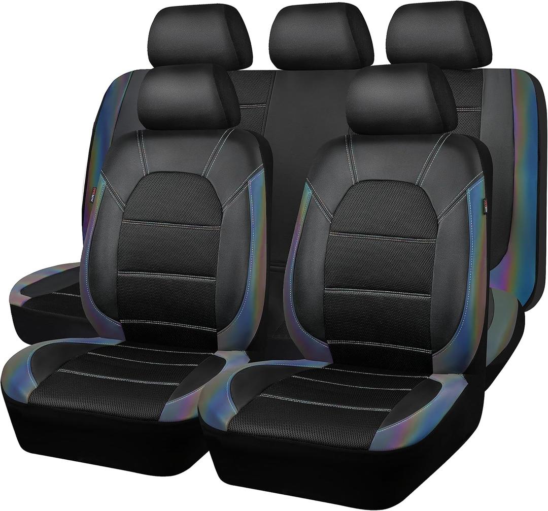 CAR PASS Leather seat Covers,Automotive Universal Sport car seat Cover Super 5mm Composite Sponge Inside,Airbag Compatible fits Most SUVs, Trucks,and Vans (Full Set,Chameleon Iridescent Reflective)